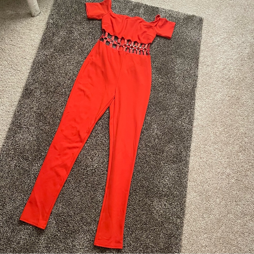 XTAREN Bright Orange Jumpsuit w/ Metal Hoop Detail size Small